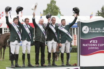 The Irish team who won the Canadian Nations' Cup at Spruce Meadows, Calgary in the early hours of this morning - from left Shane Sweetnam, Darragh Kenny, Ireland team manager Robert Splaine, Richie Moloney and Conor Swail.