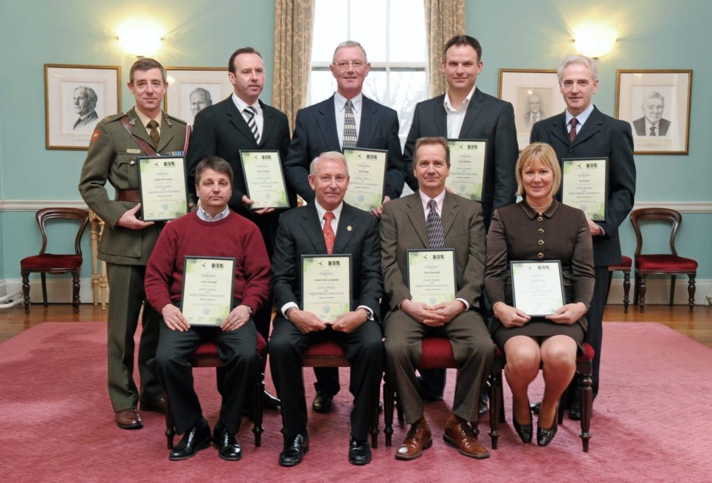 10 February 2012; HSI Level 3 Show Jumping Course Certificate recipients, back row, from left, Comdt. Tom Freyne, Denis Flannelly, Jack Doyle, Erik Holstein and Ian Fearon. Front row, from left, Gary Marshall, Comdt. John Ledingham, Harry Marshall and Heather Coyle. RDS, Ballsbridge, Dublin. Picture credit: Paul Mohan / SPORTSFILE *** NO REPRODUCTION FEE ***