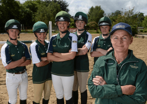 Young Rider Team manager Sally Corscadden (right) with from left: David Hannigan, from Fethard, Co. Tipperary, Jessica O'Driscoll, from Carrigaline, Co. Cork, Melanie Young, from Maynooth, Co. Kildare, Katie Nolan, from Navan, Co. Meath, and Shane Power, from Clane, Co. Kildare