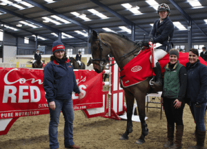 Liam O Meara and Mr Coolcaum, winners of the HSI/Connolly's RED MILLS Spring Tour at Wexford Equestrian. Also pictured, from left, Sabrina Barnwell (Connolly's Red Mills), Sophie D'Alton (HSI) and Orla Roche (Wexford Equestrian Centre). Photo - Sonya Dempsey. 