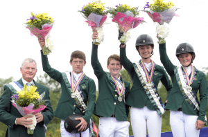 Ireland's GAIN Horse Feeds European Pony Jumping Silver Medallists. From L - R Chef d'Equipe Tom Slattery, Michael Pender, Sean Monaghan, Susan Fitzpatrick and Grace McHugh. Picture: Helen Revington.