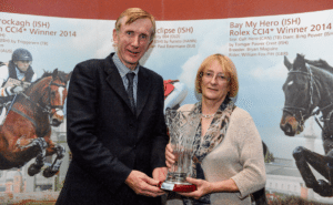 Mary McCann, Hartwell Stud, Co. Kildare, receives the Outstanding Contribution Award to ISH Breeding award from Pat Wall, Chairman HSI, during the HSI Annual Breeder Awards.  