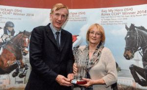 Mary McCann, Hartwell Stud, Co. Kildare, receives the Outstanding Contribution Award to ISH Breeding award from Pat Wall, Chairman HSI, during the HSI Annual Breeder Awards.