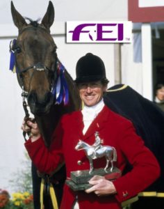 Richard Meade (GBR), triple Olympic gold Eventing champion, former member of the FEI Bureau, FEI Eventing Committee and Chairman of Group II (Northern Europe), is pictured here after winning the Badminton Horse Trials in 1982 with his horse Speculator III. He will be remembered for his life-long dedication to equestrianism. (Bob Thomas/Getty Images)
