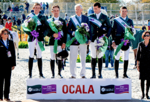 Ireland's winning team with Show Jumping Manager Robert Splaine on the podium at Ocala