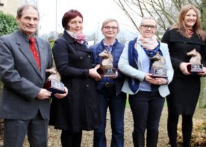 The Lancelot Award recipients for 2014 (l to r); Lawrence Smyth (Club Member of the Year), Nuala Hughes and Audrey O'Sullivan from Earl's Well (Club of the Year), Sue Hassett from Clonshire accepting on behalf of Dan Foley (Person of the Year) and Niamh Rothwell (Club Secretary of the Year) 