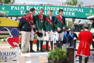 Silver Medal Irish Junior Nations' Cup team: Chef d'Equipe Comdt. John Ledingham, Conor McMahon, Philip Carey, Matt Garrigan and Cormac Hanley pictured on the podium.