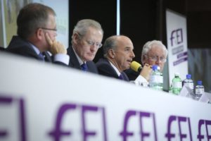The panellists of the Jumping Session at the FEI Sports Forum 2015. Pictured from left to right are: Stephan Ellenbruch, FEI Jumping Committee member; John Roche, FEI Director Jumping; John Madden, FEI Jumping Committee chair; and Richard Nicoll, FEI Sports Forum Moderator. Photo FEI/Germain Arias-Schreiber