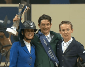 Third-placed Bertram Allen at the World Cup Final presentation with winner Steve Guerdat and second-placed Penelope Leprevost from France.