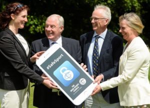 In attendance at an Irish Sports Council Safe Sport App launch photocall are, from left, Úna May, Director of Participation and Ethics, Minister of State for Tourism and Sport Michael Ring TD, John Treacy, CEO Irish Sports Council, and Bernie Priestley, Code of Ethics manager, Irish Sports Council. Crowne Plaza Hotel, Santry, Co. Dublin.