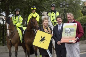 Liz O’Donnell, Chairperson, RSA is pictured with Minister for Transport, Tourism and Sport, Mr Paschal Donohoe TD and Mr Pat Wall, Chairman of the HSI at the launch of the a new booklet from the Road Safety Authority in association with Horse Sport Ireland, ‘Horse Road Safety on Public Roads’, advising road-users and riders on sharing the road safely. Also pictured is Garda Orva Keogh on Donagh, Melanie Young of Team Ireland Equestrian u25 eventing squad on Dante and Garda Claire Anderson on Oscar. Picture Andres Poveda
