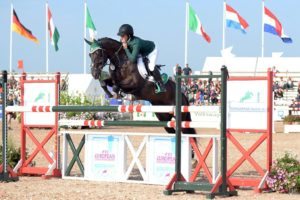 Olivia Roulston and Ballygawleys Little Ferro (ISH) competing in the Nations' Cup at the European Pony Championships, Malmo.