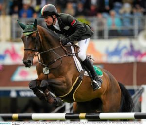7 August 2015; Greg Patrick Broderick, Ireland, competing on Mhs Going Global in the Furusiyya FEI Nations Cup during the Discover Ireland Dublin Horse Show 2015. RDS, Ballsbridge, Dublin. Picture credit: Seb Daly / SPORTSFILE