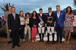 5 August 2016; The winners presentation for the The Devenish Puissance during the Underwriting Exchange Jumping In the City 2016 at Shelbourne Park Greyhound Stadium in Dublin. Photo by Sam Barnes/Sportsfile *** NO REPRODUCTION FEE ***