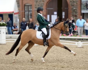 Emily Kate Robinson and Crown Imagine competing in the European Pony Championships, Vilhelmsborg, Denmark, 2016. Team Dressage