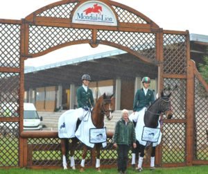 The highest placed Irish Sport Horses in the six and seven-year-old final, Sophie Richards with Business Class (ISH), and Cathal Daniels with Sammy Davis Jnr. (ISH) pictured with Chef d'Equipe Janet Murray at Le Lion in France (Photo: Louise O'Brien)