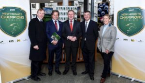 24 January 2017; Pictured from left, Prof. Pat Wall, Chairman, Horse Sport Ireland, Larry Masterson, CEO, TRM, Michael Creed, T.D., Minister for Agriculture, Food and the Marine, Cork North West, Ray Buchanan, Chairman, Showjumping Ireland, and Elaine Hatton, International Marketing Director, Horse Sport Ireland, in attendance at the launch of the New Heights Champions Series at Leinster House in Kildare St, Dublin. Photo by Cody Glenn/Sportsfile *** NO REPRODUCTION FEE ***