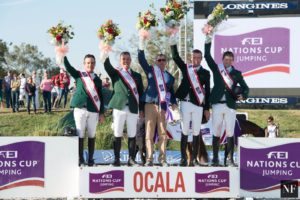Photo (l-r) Kevin Babington, Cian O'Connor, Michael Blake (Team Manager), Richie Moloney and Shane Sweetnam stand on the podium after victory for Ireland in the 2017 Ocala Nations Cup in Florida (Photo Tori Repole/NoelleFloyd.com)