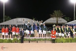 The top three teams from Ireland, USA,and Brazil with Equestrian Sport Productions President Michael Stone and ringmaster Steve Rector