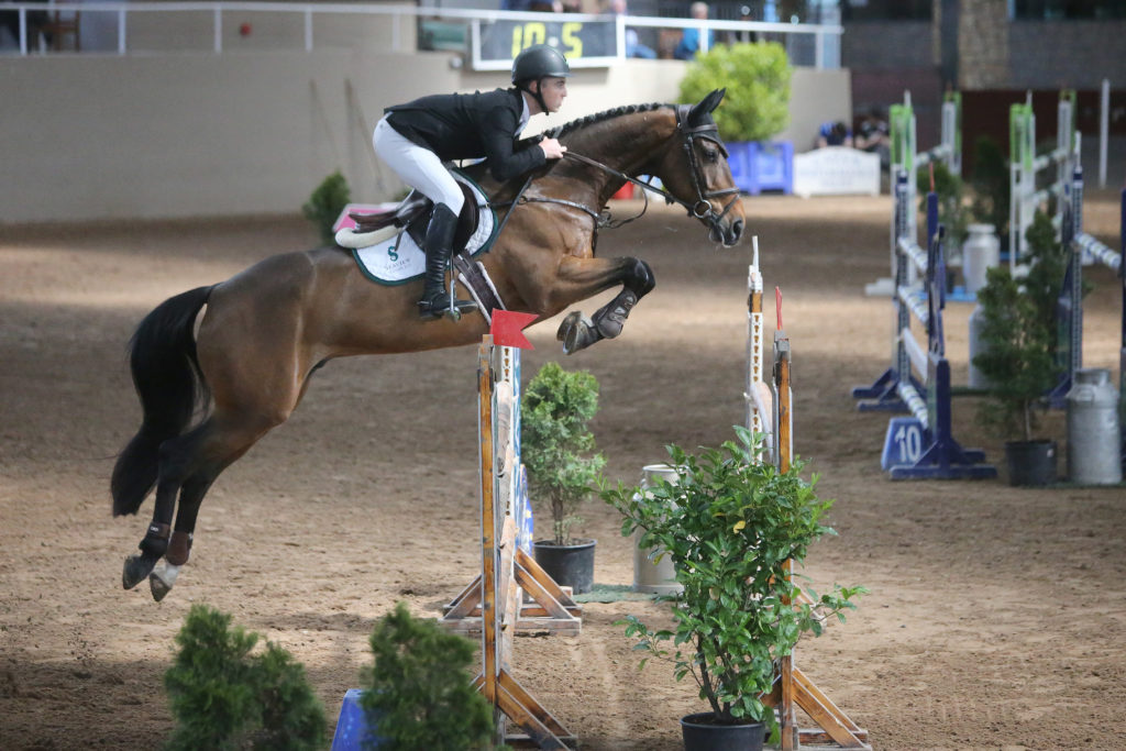 Alan O'Regan and Seavie Demonstration jumping in the Cavan arena on their ay to winning the HSI Studbook Series seven-year-old final